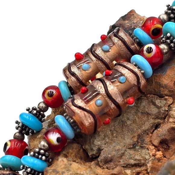 Vintage Handmade Boho Foil Glass Beaded 16" Necklace With Blue & Red Accents - Picture 4 of 9